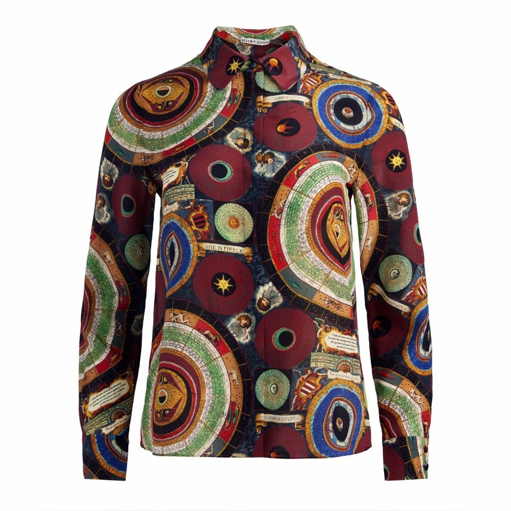 NWT Alice + Olivia Willa Hands of Time Silk Blouse Top Burgundy Red Zodiac S